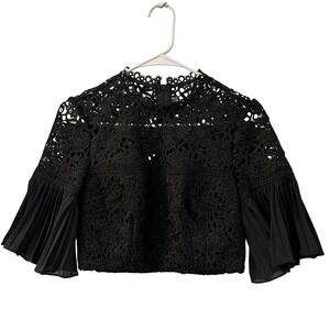 AMUR Black Guipure Lace Cropped Top Pleated Bell Sleeve High Neck Sz S Goth